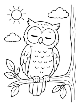A cute sleepy owl coloring page perched peacefully on a tree branch.
