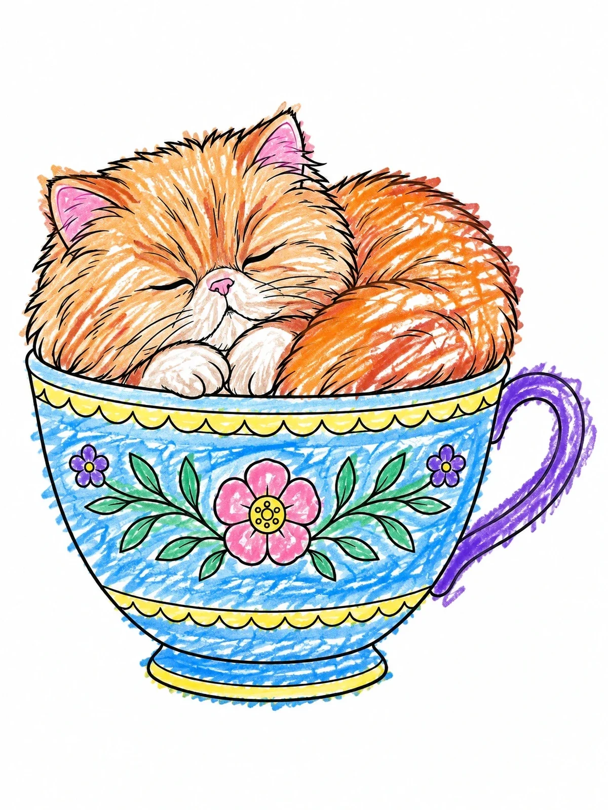 Colored example of the Sleepy Persian Kitten In A Teacup coloring page