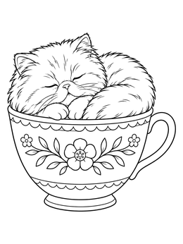 Free printable Sleepy Persian Kitten In A Teacup coloring page