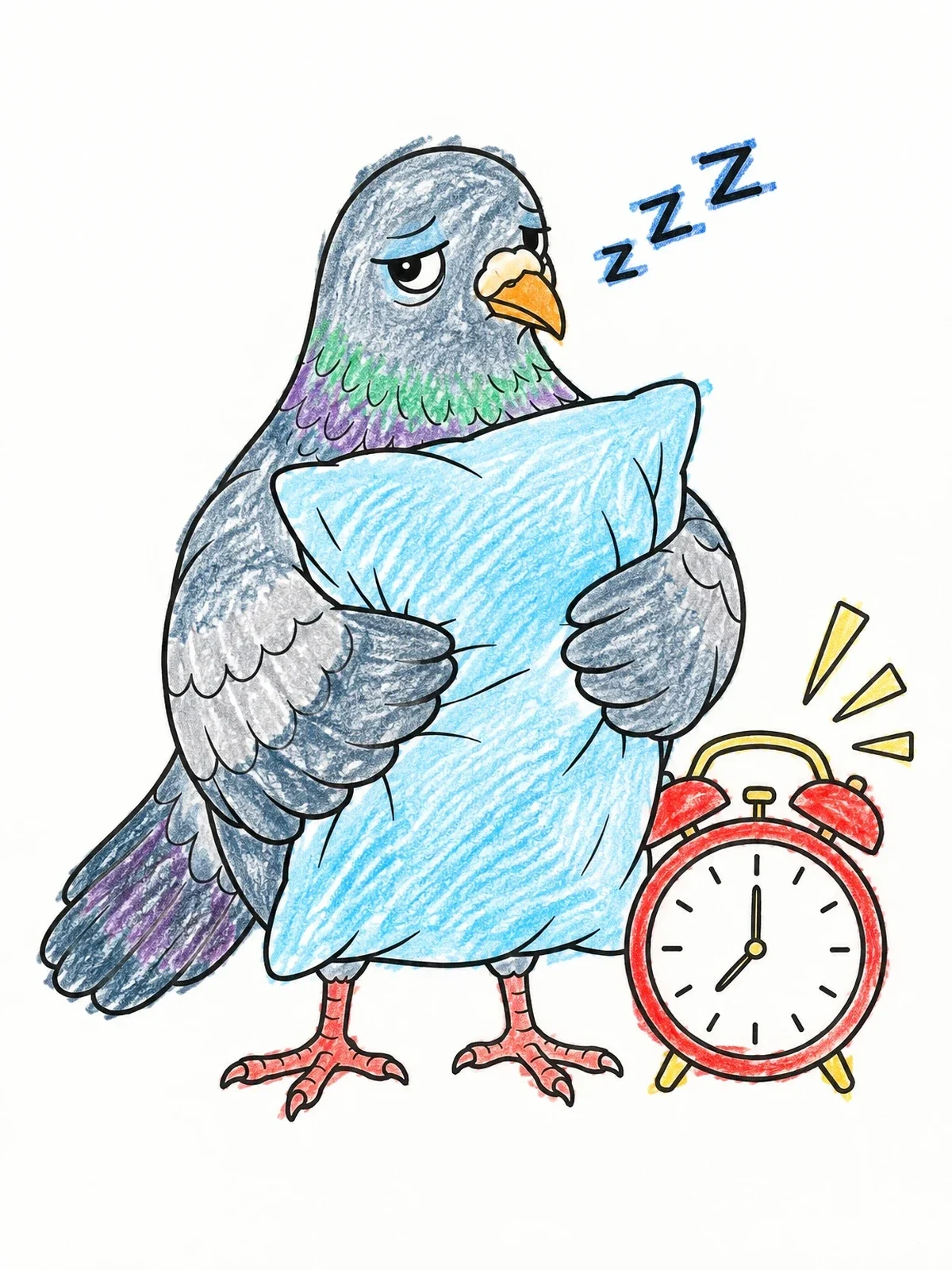Colored example of the Sleepy Pigeon Hugging A Pillow coloring page
