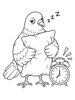 A tired bird in this sleepy pigeon coloring page clutches a soft pillow next to a ringing alarm clock.