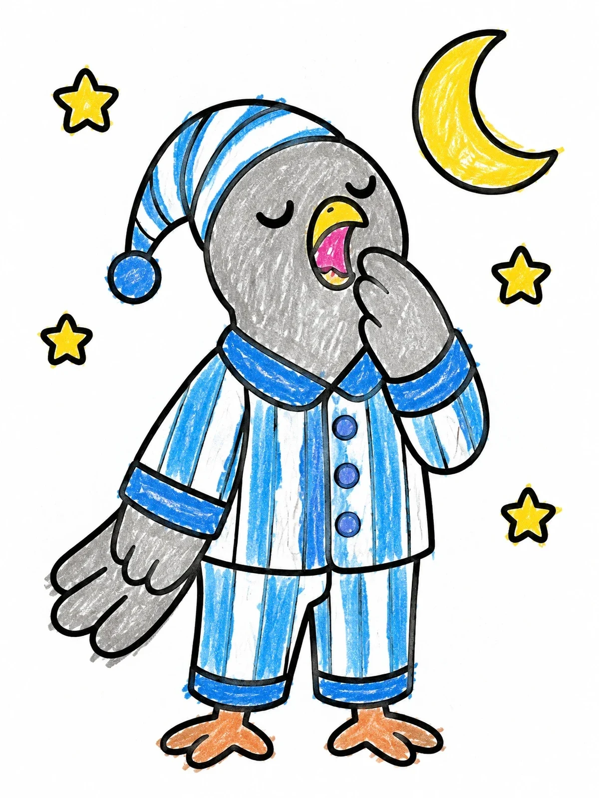 Colored example of the Sleepy Pigeon In Striped Pajamas coloring page
