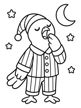 A sleepy pigeon coloring page showing a bird in pajamas yawning under the night sky.