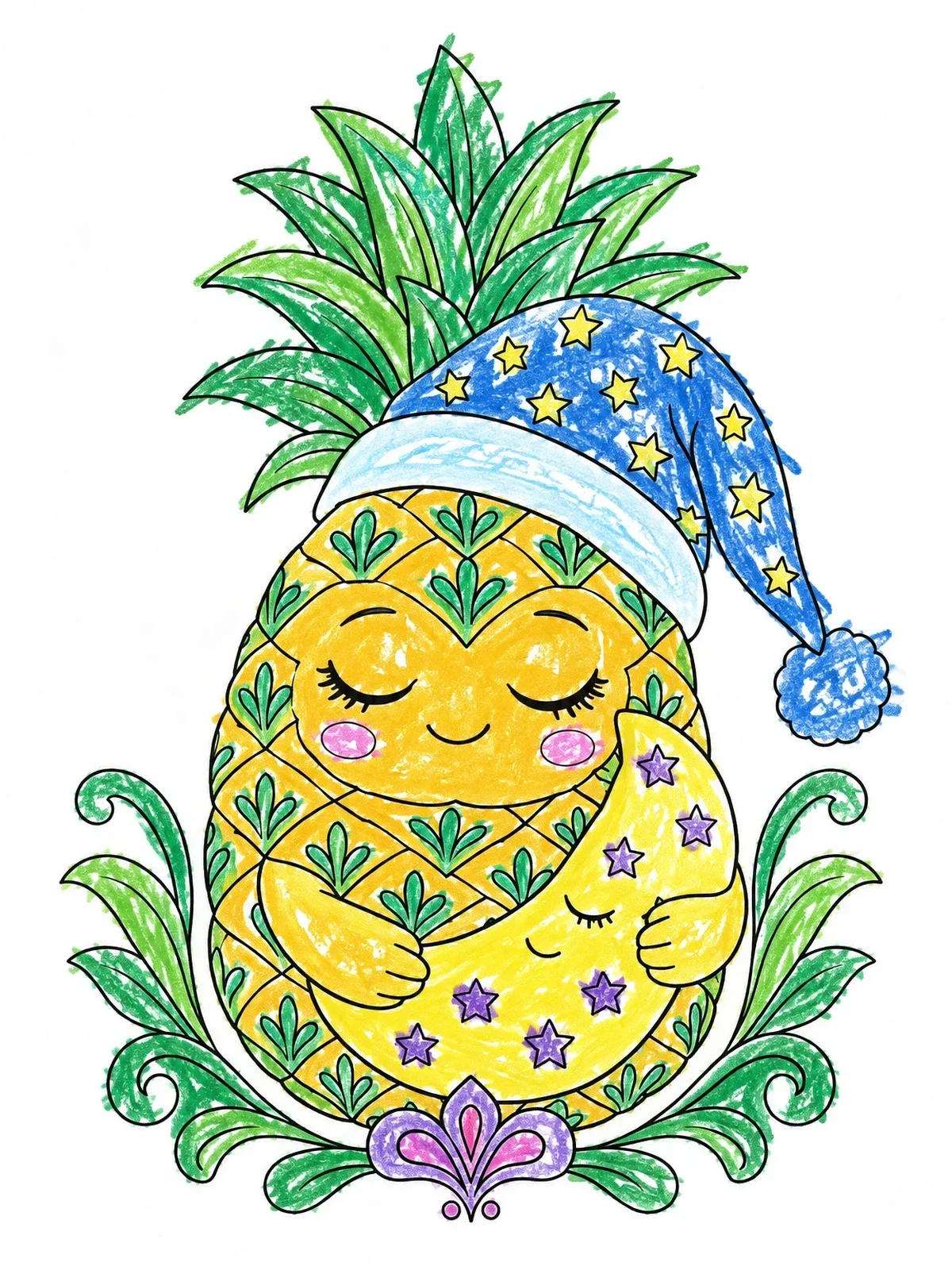 Colored example of the Sleepy Pineapple With Nightcap And Moon coloring page