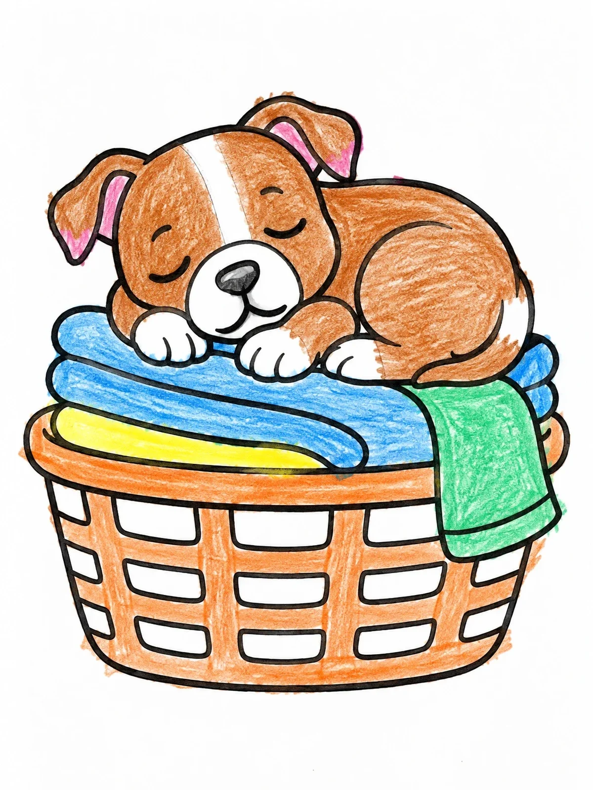 Colored example of the Sleepy Puppy In Laundry Basket coloring page