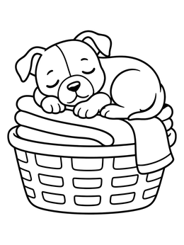 Free printable Sleepy Puppy In Laundry Basket coloring page