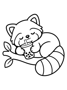A sleepy red panda rests on a branch holding a drink on this boba coloring page.