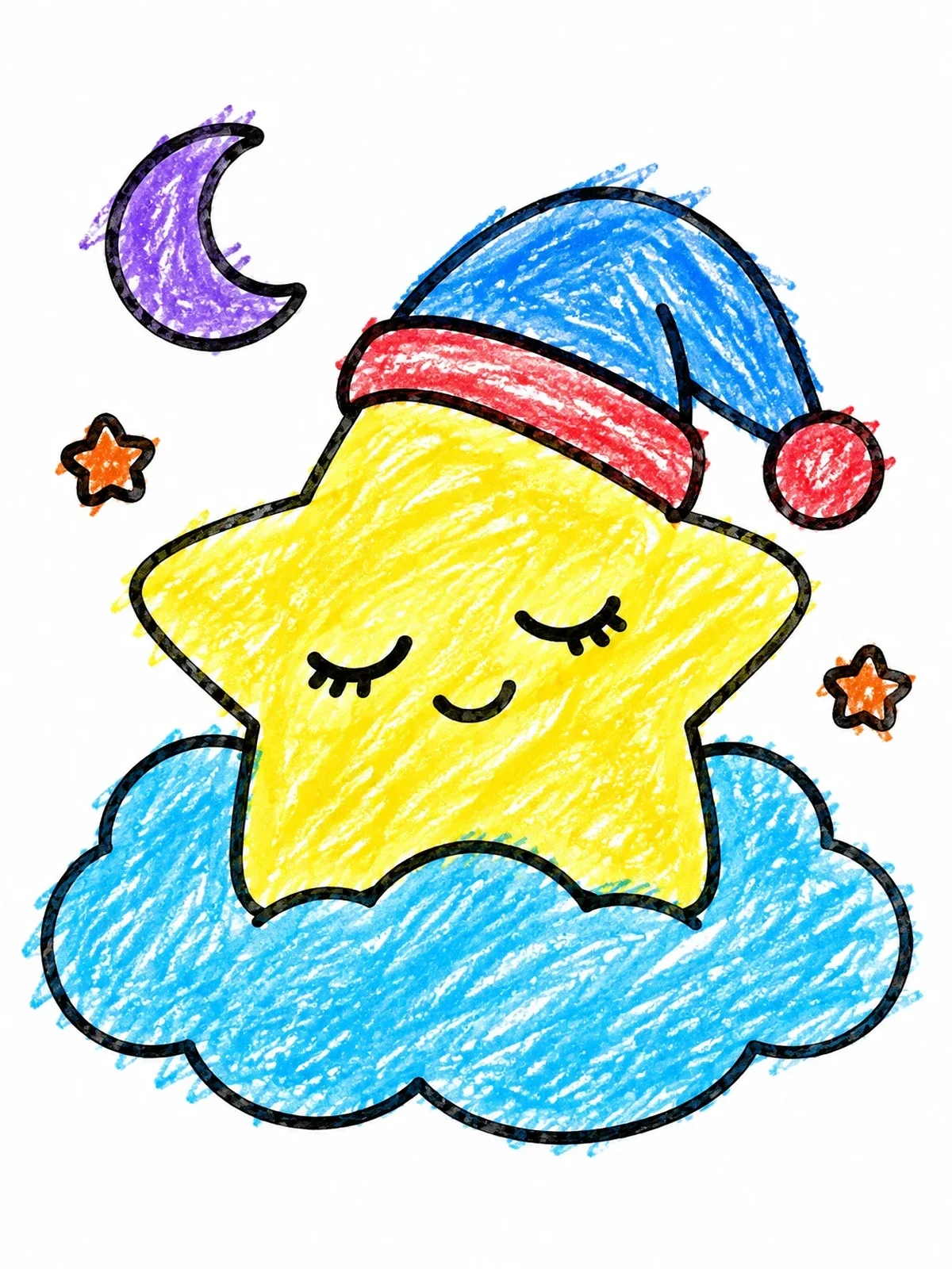 Colored example of the Sleepy Star On A Cloud coloring page