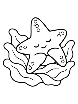 A cute sleepy starfish coloring page resting on soft sea plant leaves.