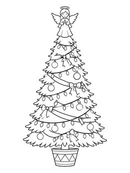 A slender decorated christmas tree coloring page topped with a cute little angel.