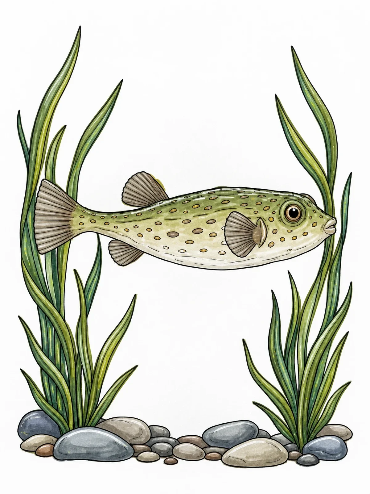 Colored example of the Slender Puffer Fish Swimming Underwater coloring page