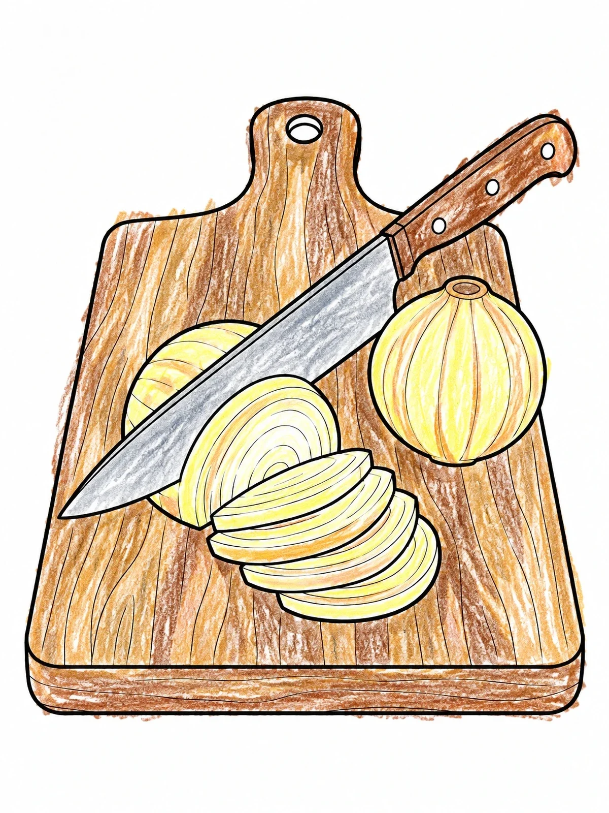 Colored example of the Sliced Onion On Cutting Board coloring page