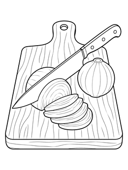 An onion coloring page with a knife and sliced onions resting on a wooden board.