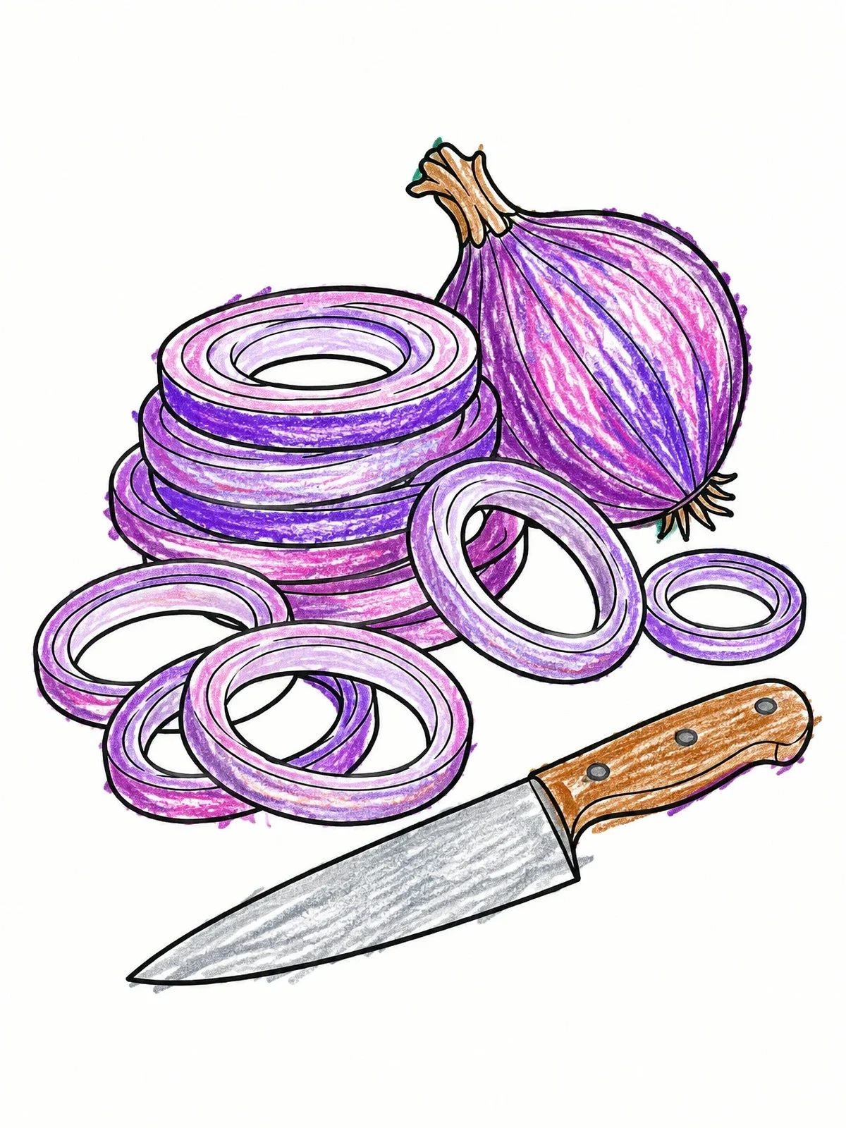 Colored example of the Sliced Onion Rings And Chef Knife coloring page