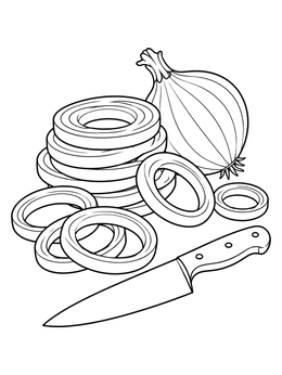 An onion coloring page featuring a whole bulb, a stack of sliced rings, and a kitchen knife.