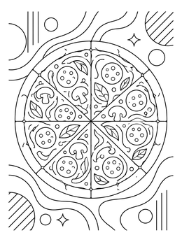 A round sliced pizza coloring page framed by clean geometric lines and patterns.