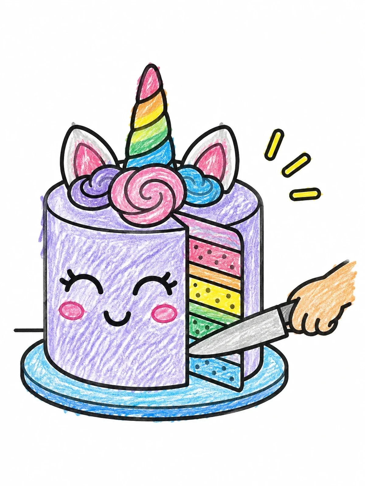 Colored example of the Slicing A Cute Unicorn Cake coloring page