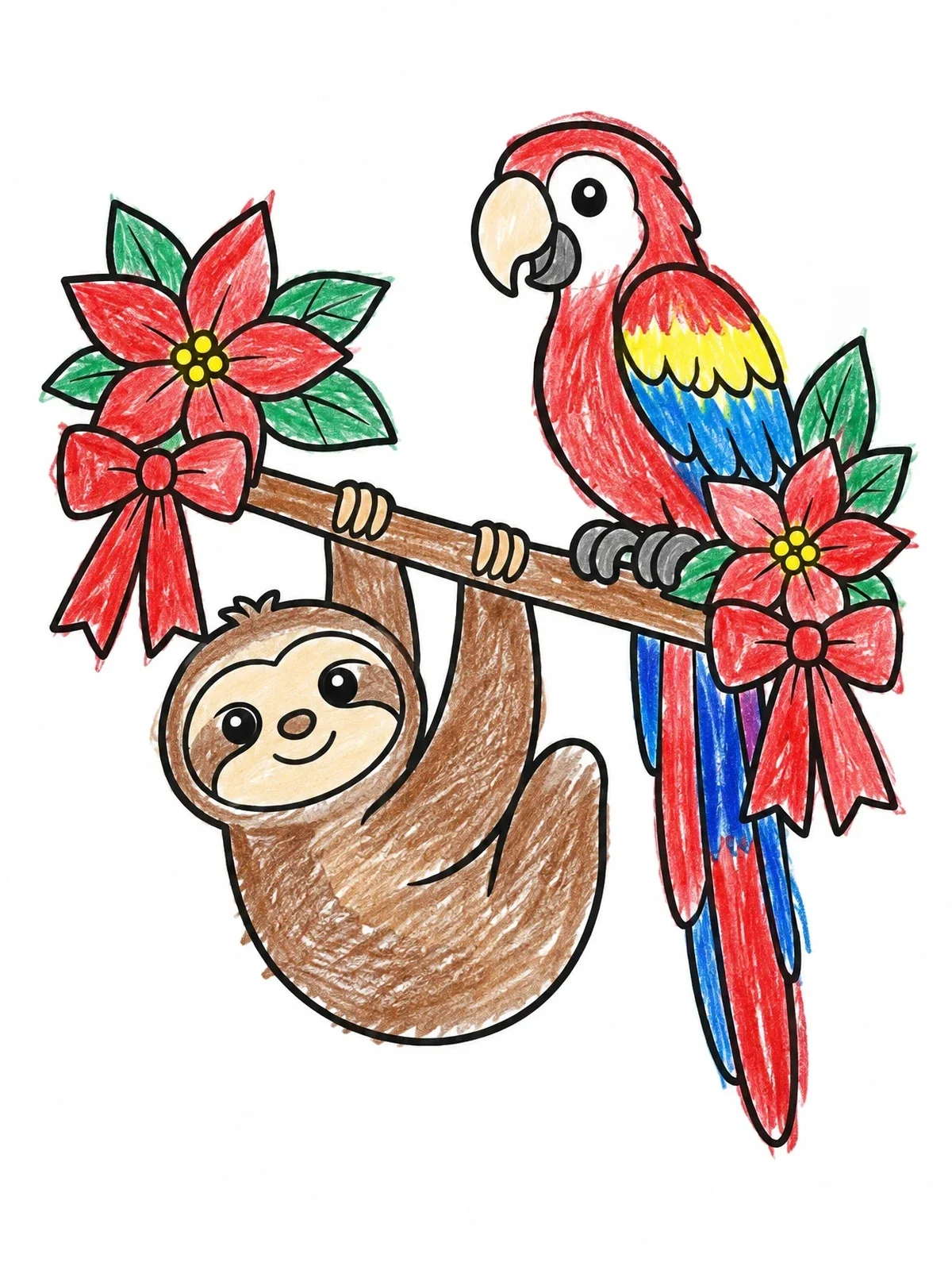 Colored example of the Cute Sloth And Macaw On A Decorated Branch coloring page
