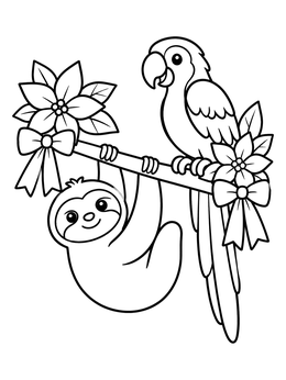 Free printable Cute Sloth And Macaw On A Decorated Branch coloring page