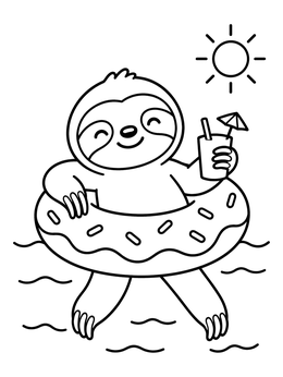 A happy cartoon sloth relaxing in a donut tube on this sloth coloring page.