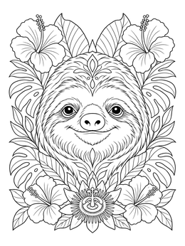 A detailed sloth coloring page framed by lush tropical leaves and blossoms.