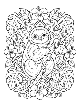 A peaceful sloth coloring page surrounded by hibiscus flowers and lush jungle foliage.