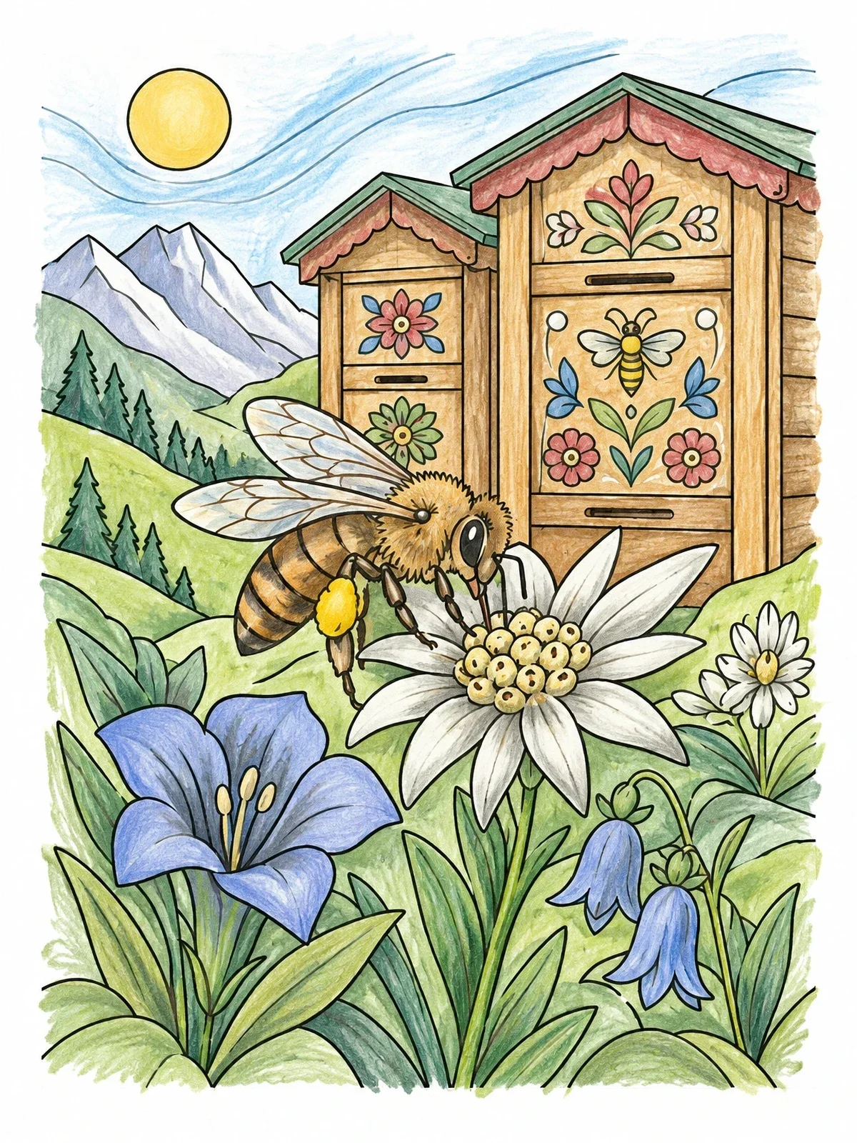 Colored example of the Carniolan Bee And Alpine Beehives coloring page