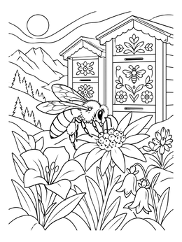 A Carniolan bee rests on an edelweiss flower in this slovenia coloring page with painted beehives.