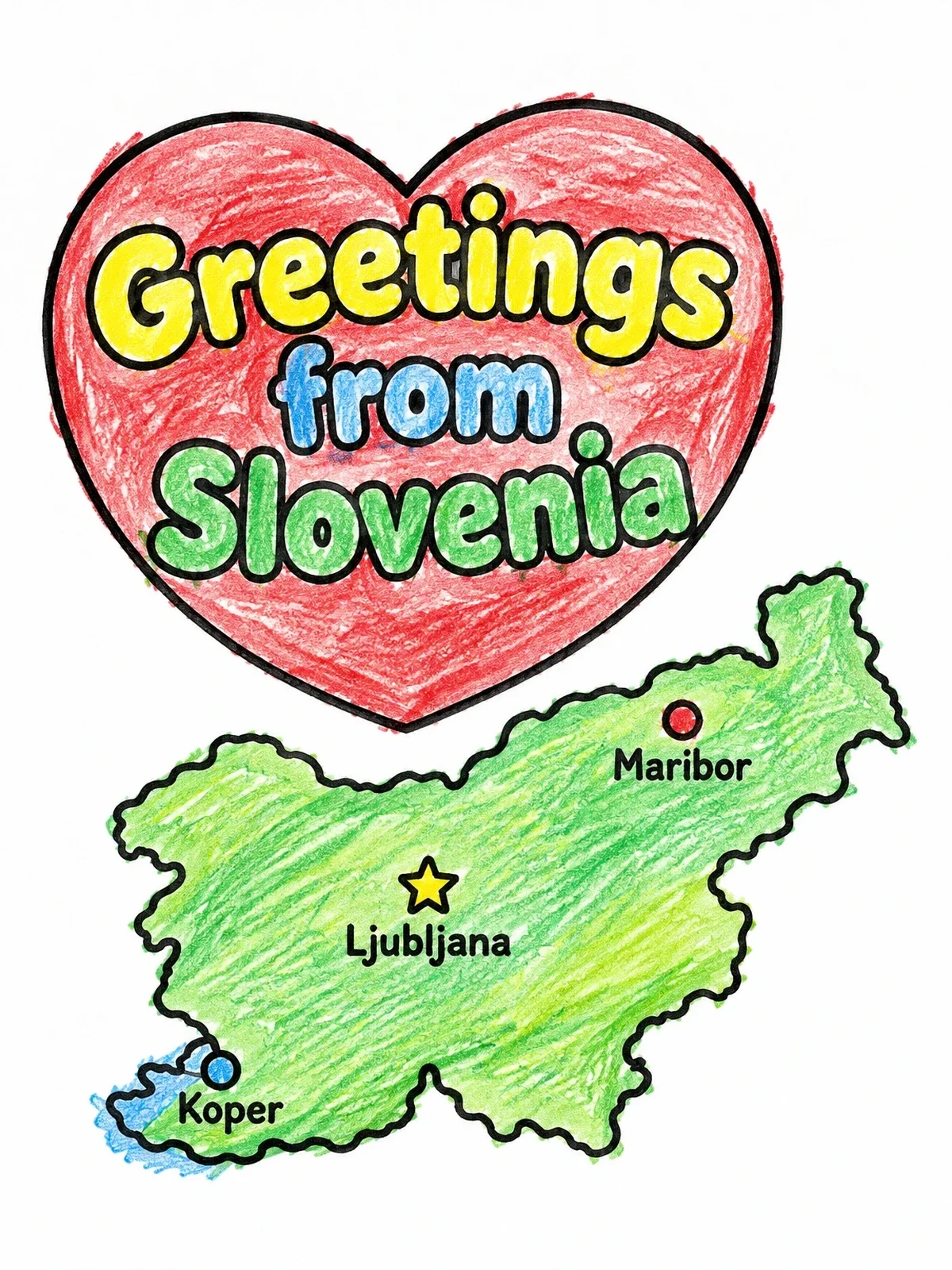 Colored example of the Slovenia Map And Heart Greeting coloring page