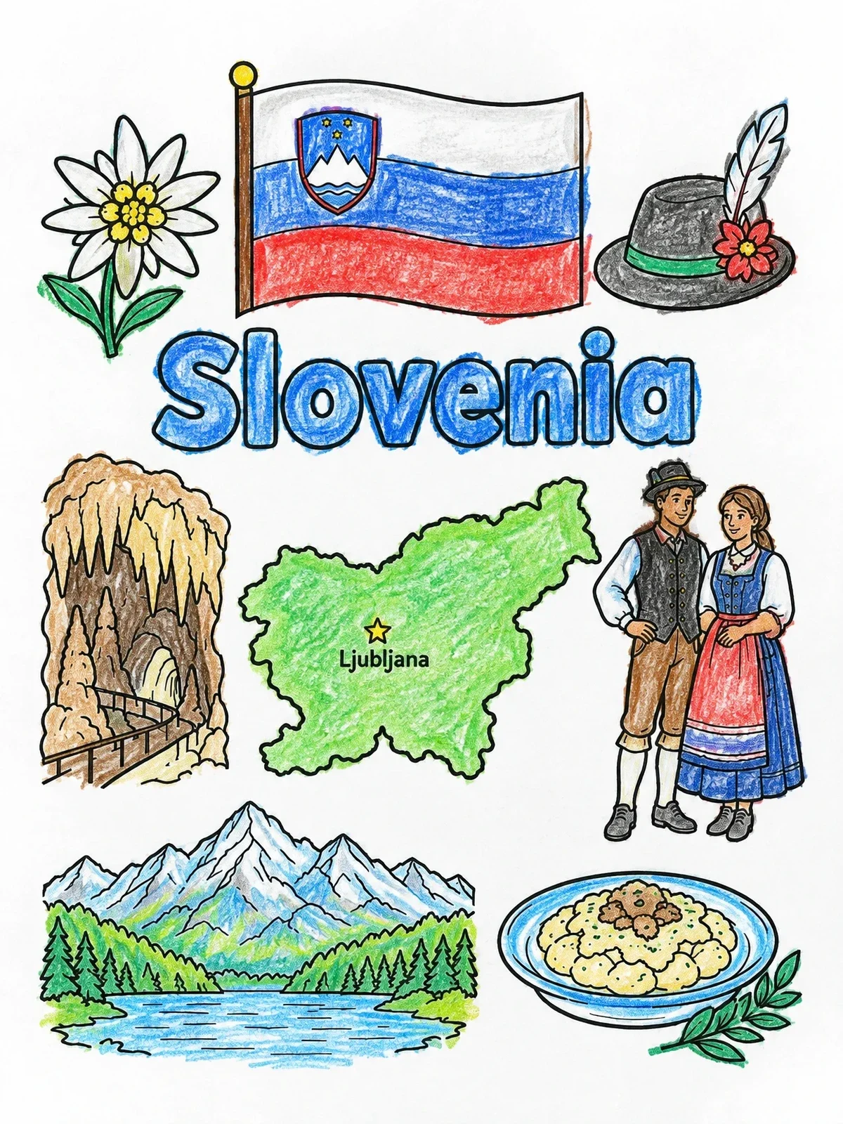 Colored example of the Slovenia Landmarks And Cultural Symbols coloring page