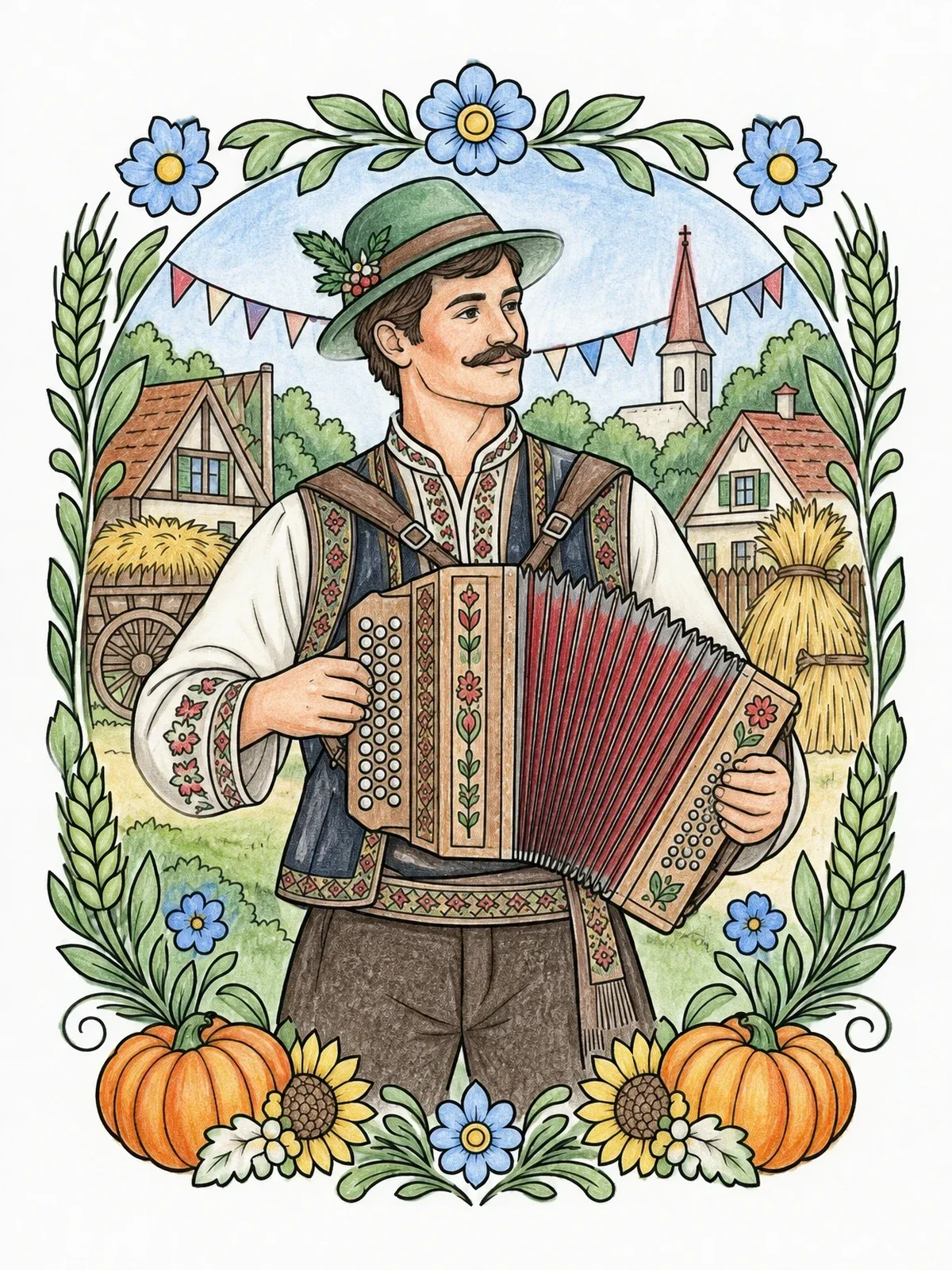 Colored example of the Slovenian Musician At Harvest Festival coloring page