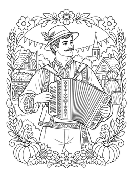 A slovenia coloring page featuring a folk musician playing an accordion in a festive village setting.