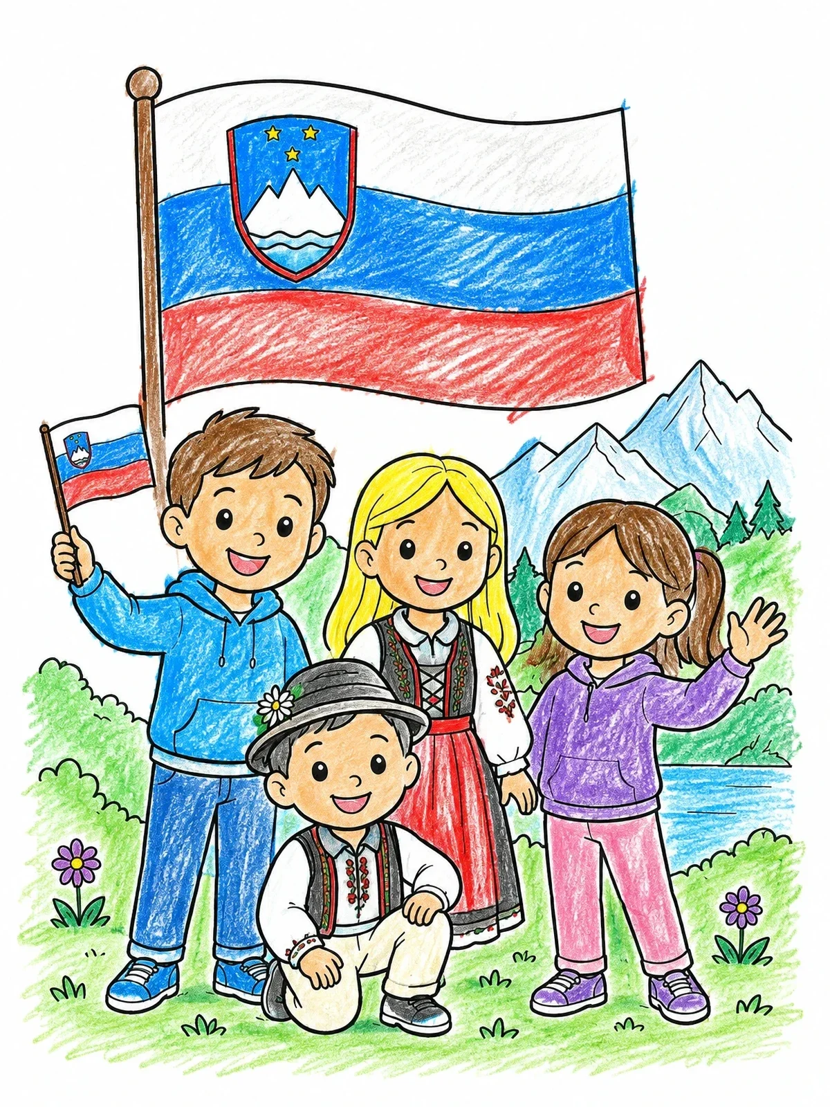 Colored example of the Slovenian Kids And National Flag coloring page