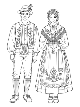 A slovenia coloring page featuring a boy and girl in traditional embroidered folk costumes.