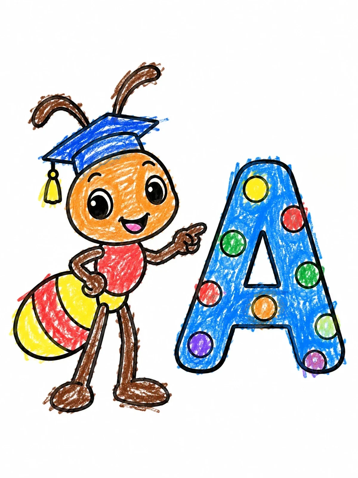 Colored example of the Smart Ant With Letter A coloring page