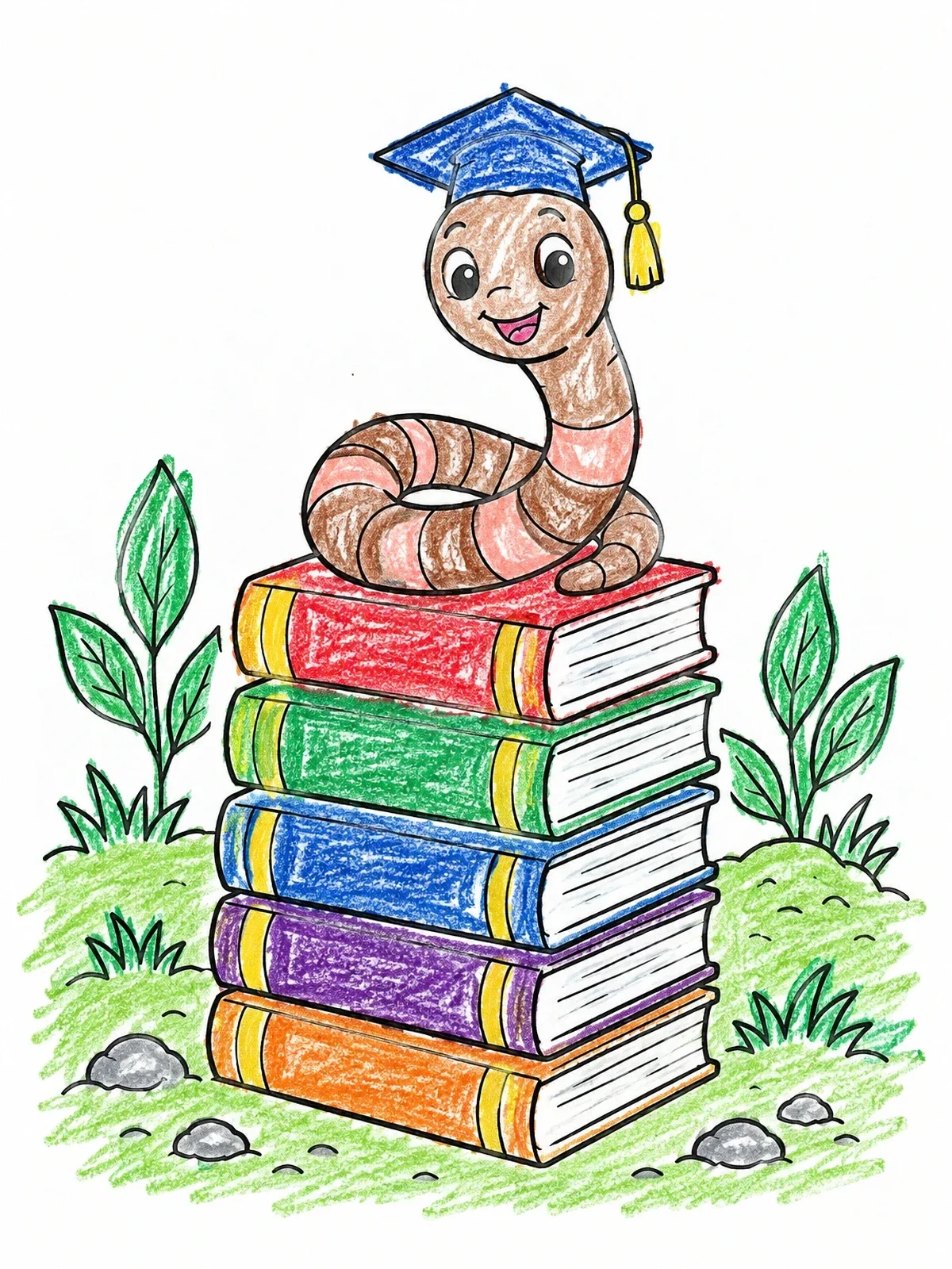 Colored example of the Smart Bookworm On A Book Stack coloring page