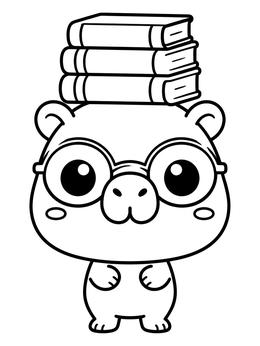 A cute capybara coloring page featuring round glasses and books on its head.