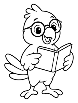 A smart parrot coloring page showing a friendly bird with glasses holding a storybook.