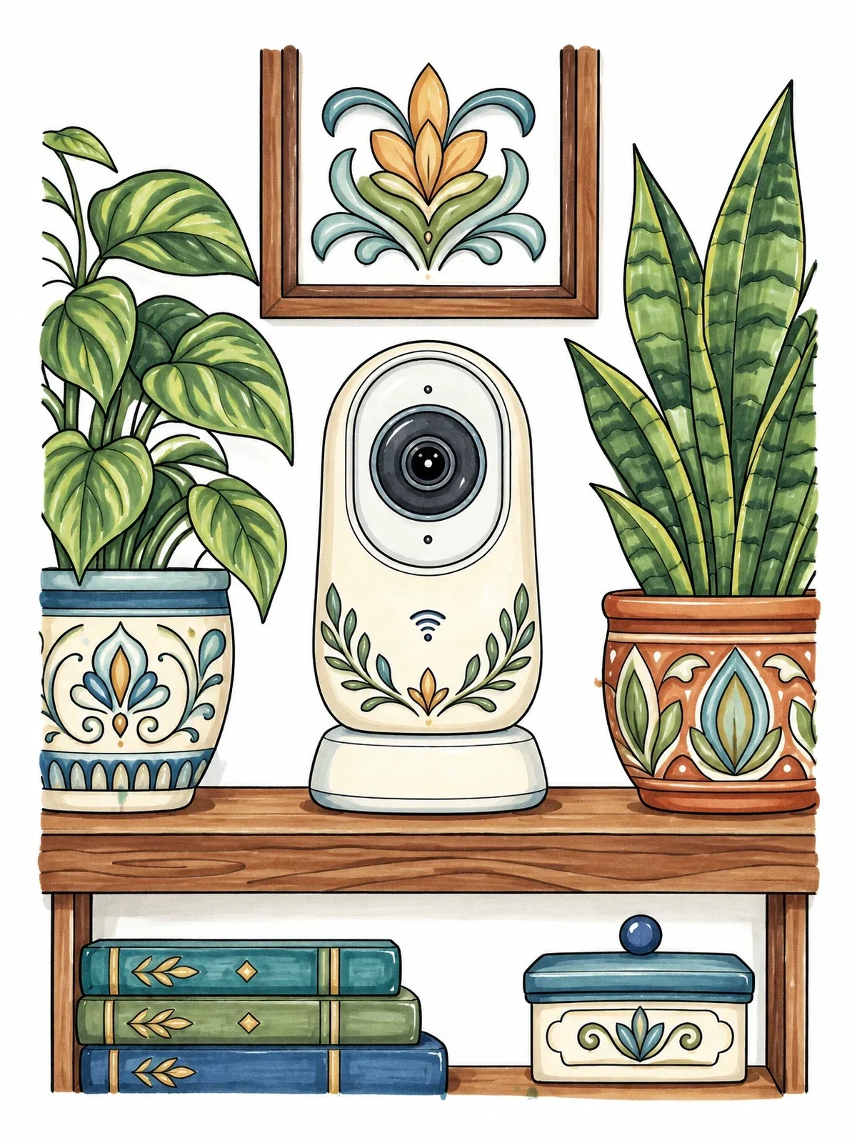 Colored example of the Smart Security Camera On Living Room Shelf coloring page