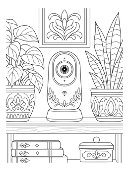 A smart home camera coloring page on a shelf between decorative houseplants.