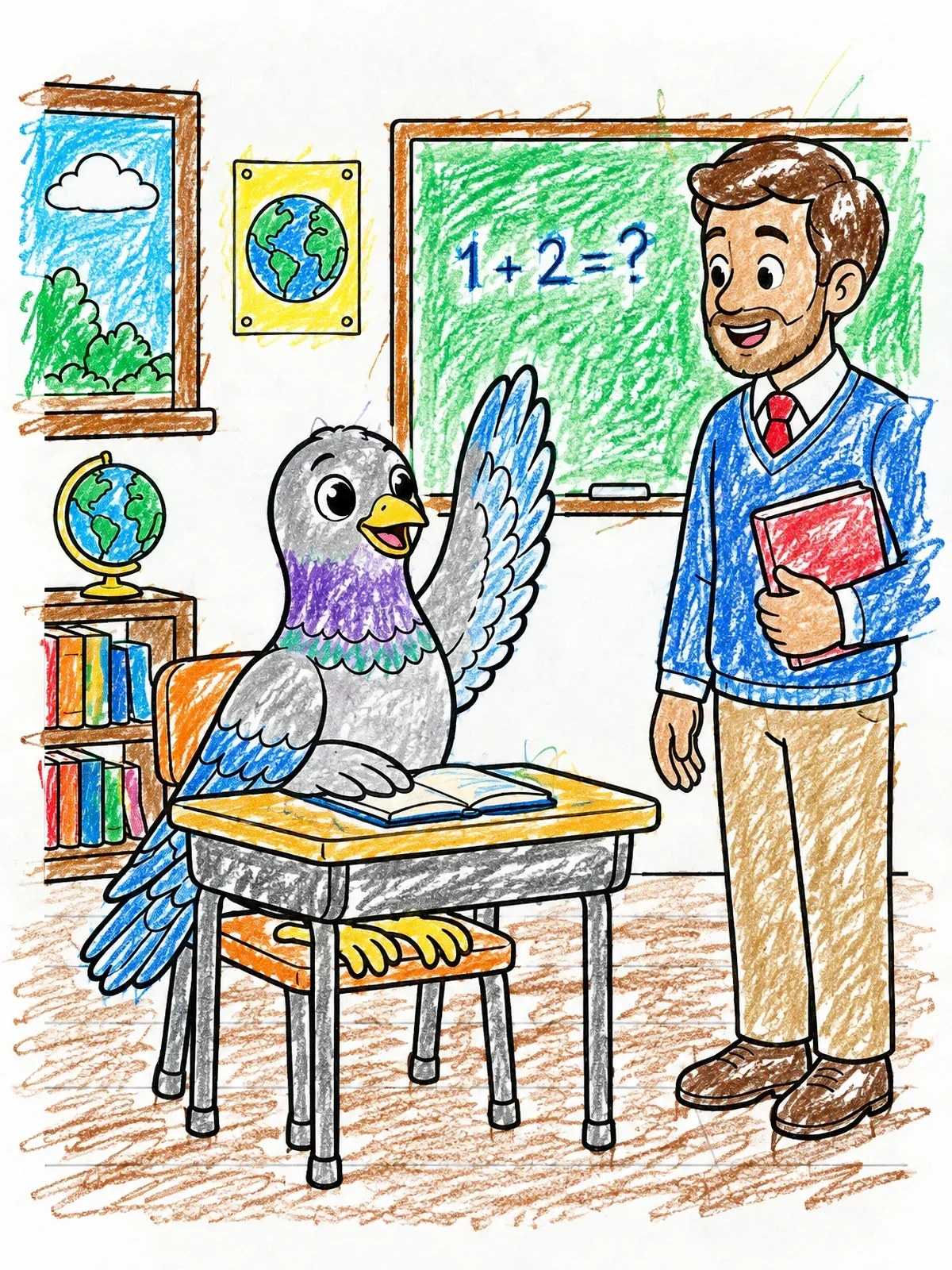 Colored example of the Smart Pigeon In The Classroom coloring page