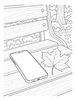 Free printable Smartphone And Autumn Leaf On Park Bench coloring page