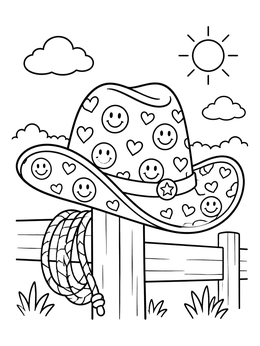 Smiley Cowboy Hat on Fence coloring page