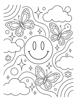 A cheerful smiley faces coloring page featuring butterflies, clouds, and sparkling stars.