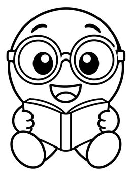 A cute smiley faces coloring page showing a happy face in round glasses holding an open book.