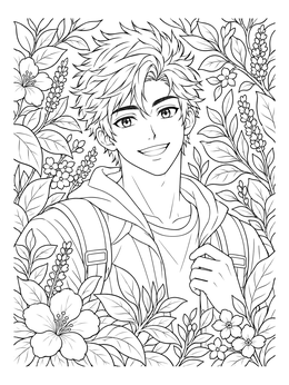 A cheerful boy cute anime coloring page with lush floral foliage and flowers in the background.