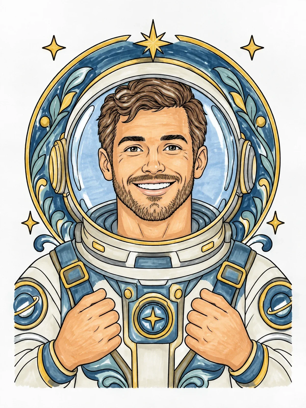 Colored example of the Smiling Astronaut In Detailed Helmet coloring page