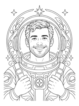 A smiling male astronaut coloring page featuring an open helmet and stars.