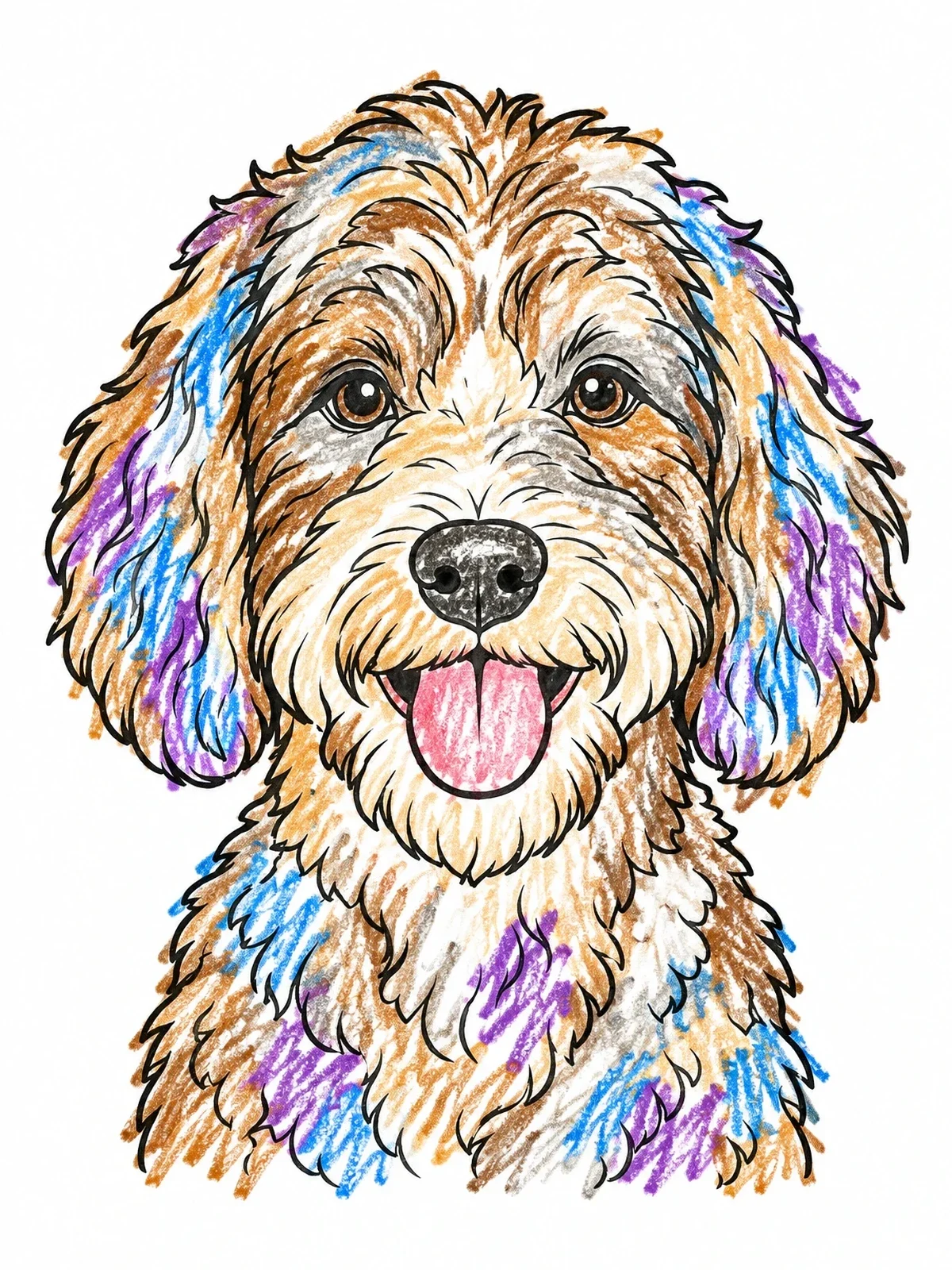 Colored example of the Smiling Aussiedoodle Portrait coloring page
