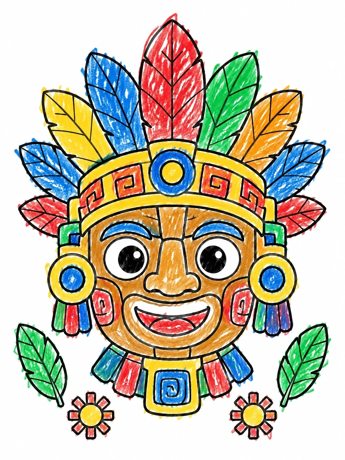 Colored example of the Smiling Aztec Mask With Feathers coloring page